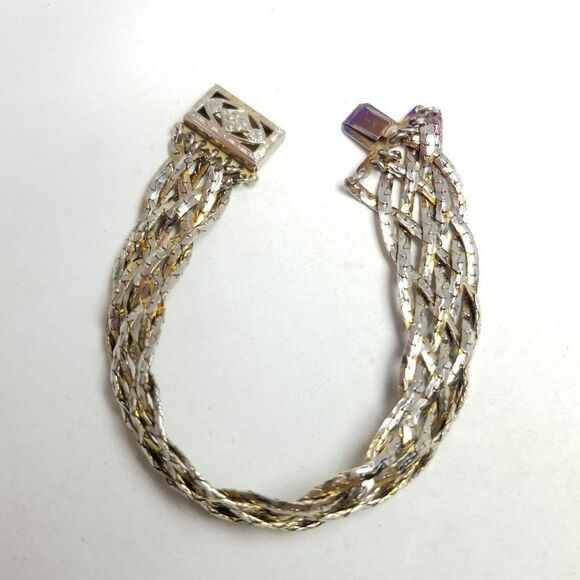 Vintage Braided Woven Silver Tone Chain Bangle Bracelet, Tab Clasp, Retro Estate - Picture 3 of 7
